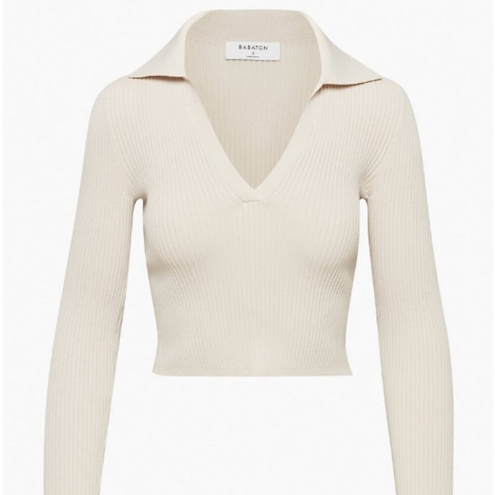 Aritzia Babaton Sculpt Knit Long Sleeve Polo Beige Taupe XS